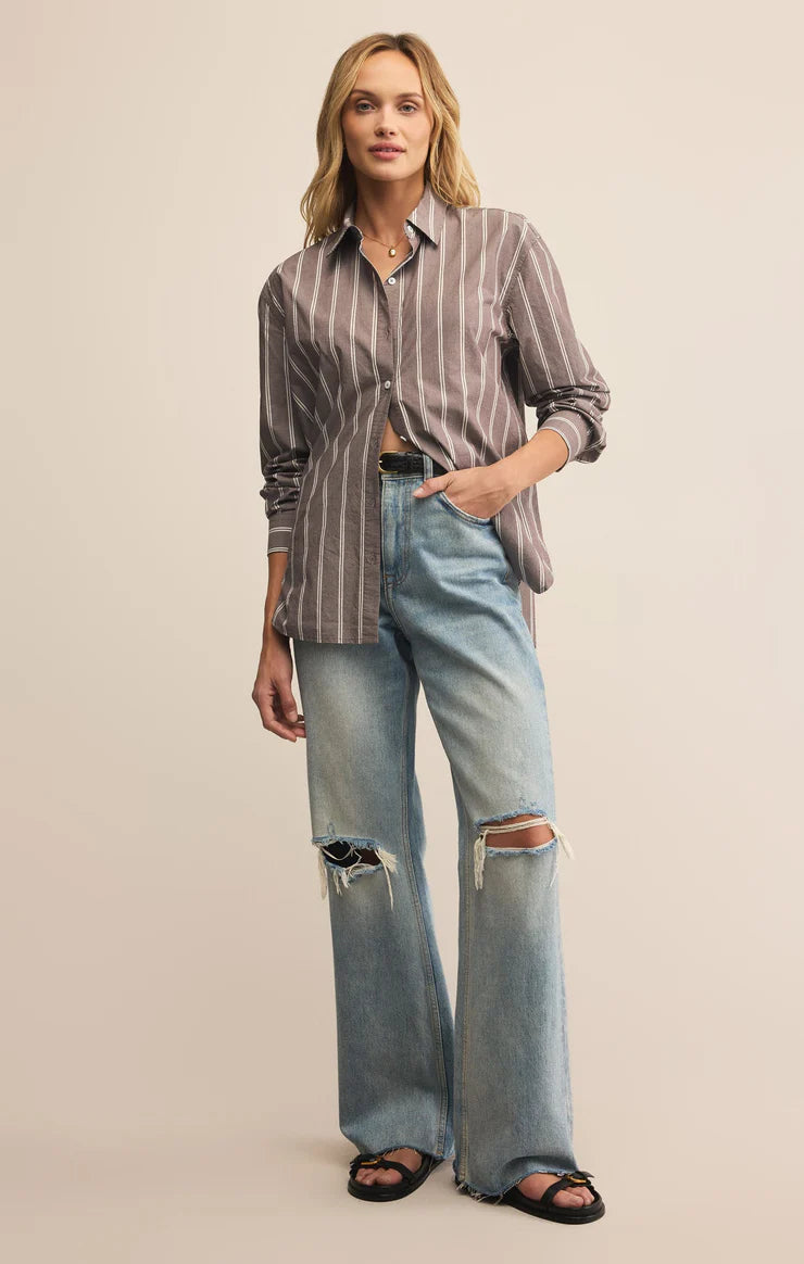 Seaport Striped Poplin Button Up - sandalwood
