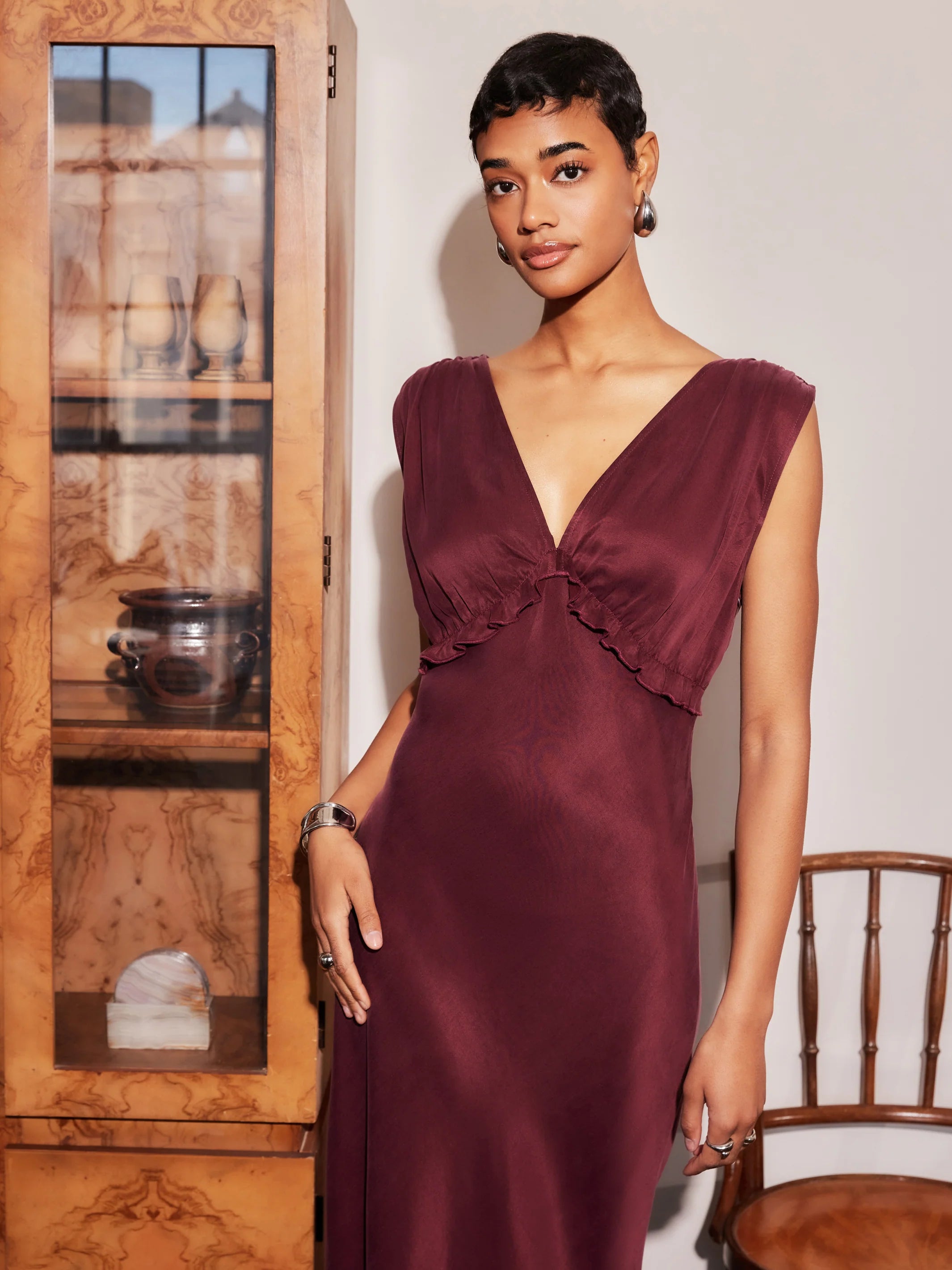 Cierra Ruffle Midi Dress - wine
