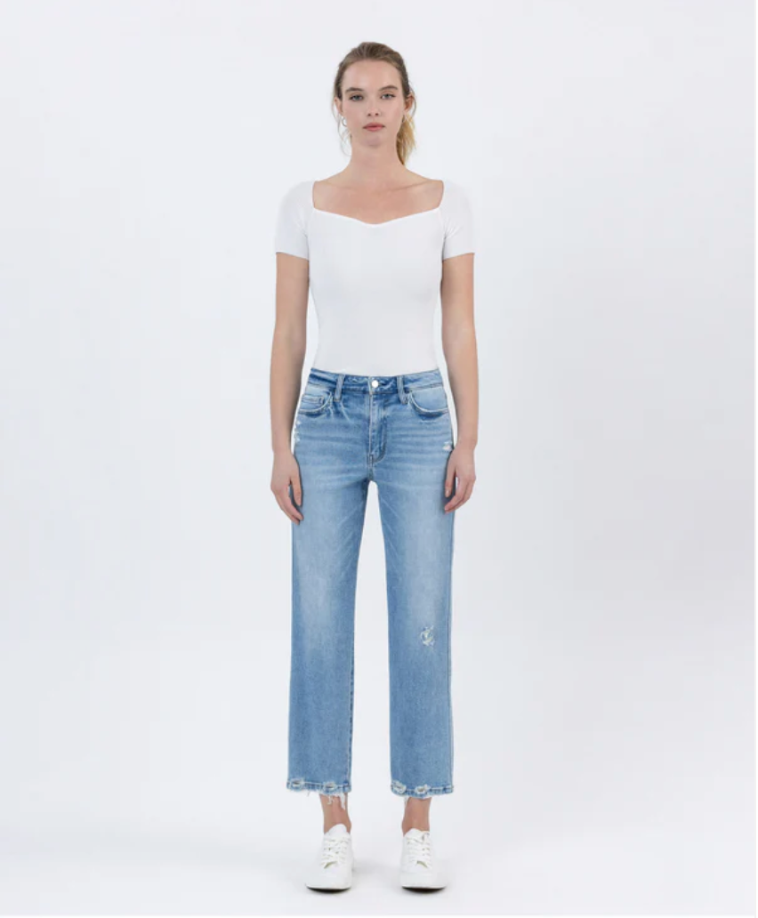 Mid Rise Distressed Hem Crop Straight Jeans (F6039) - boatload
