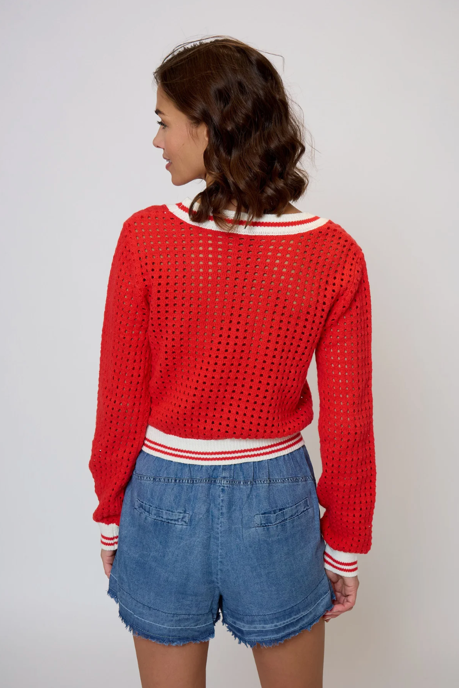 Junie varsity mesh stitch cardigan - red