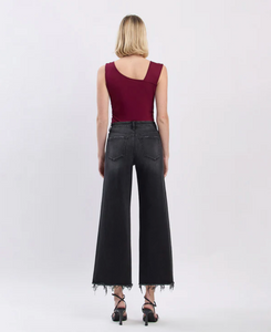 F5840 - Mid Rise Frayed Hem Ankle Wide Jeans - stylized