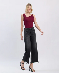 F5840 - Mid Rise Frayed Hem Ankle Wide Jeans - stylized
