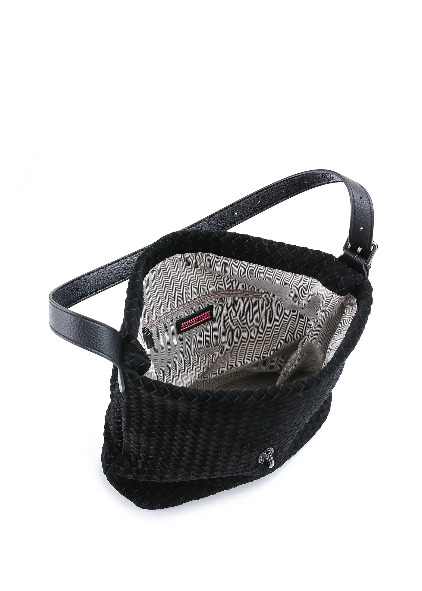Sandy shoulder bag - black woven vegan suede