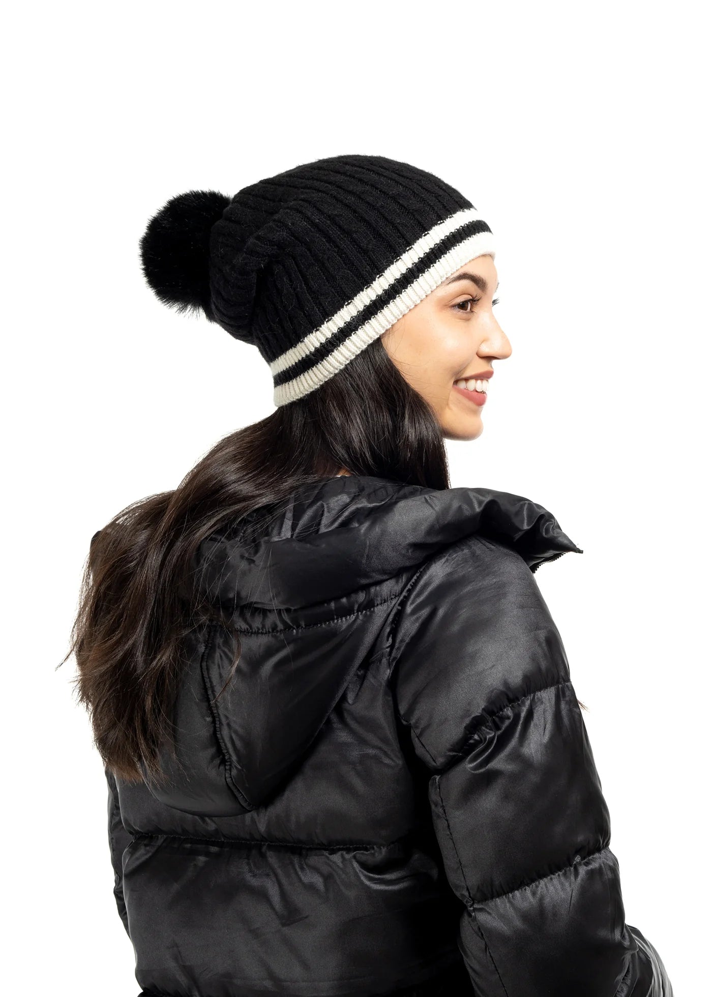 Cabin cable slouchy cable knit beanie - black / black + white stripe