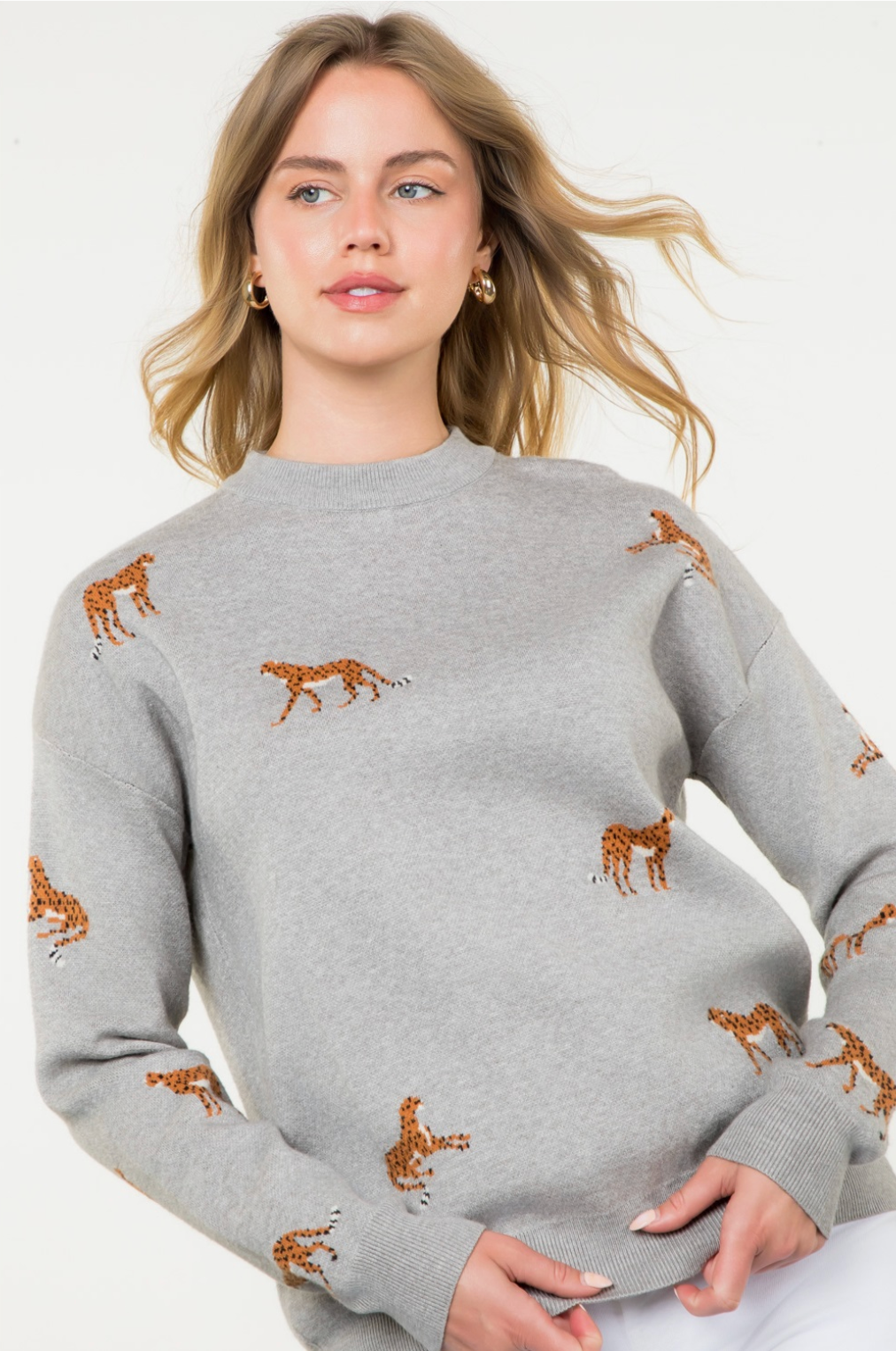 Embroidered Cheetah Crew Neck Sweater - heather grey