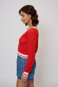 Junie varsity mesh stitch cardigan - red