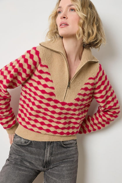 Mixed stitch half zip (PA3074) - birch / fuchsia stripe