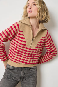 Mixed stitch half zip (PA3074) - birch / fuchsia stripe
