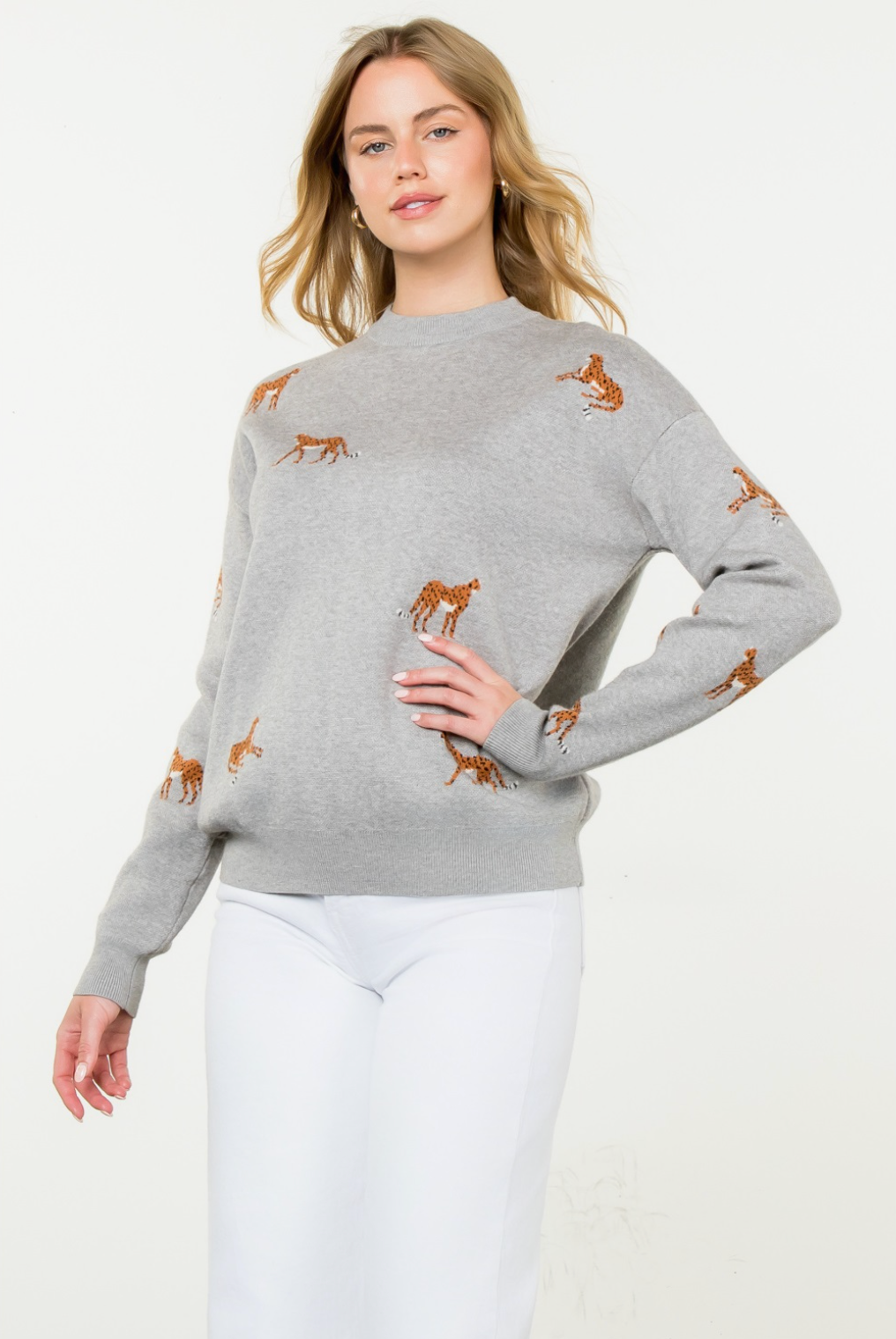 Embroidered Cheetah Crew Neck Sweater - heather grey