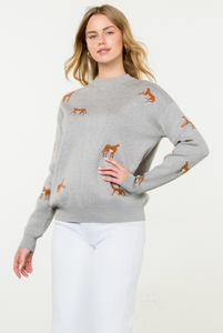 Embroidered Cheetah Crew Neck Sweater - heather grey