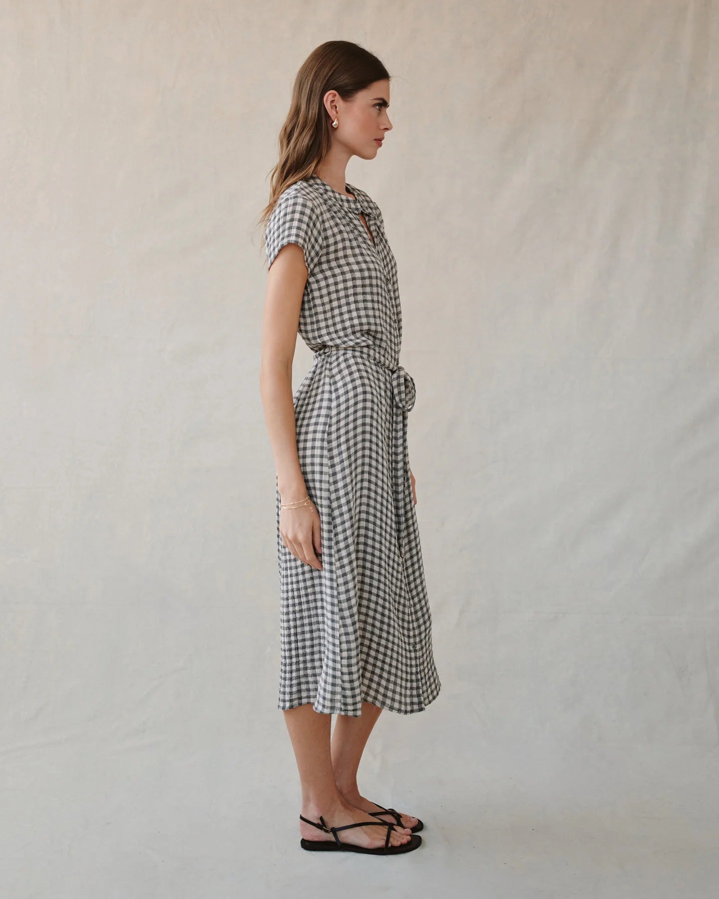 Cap sleeve shirt dress - ivory check plaid