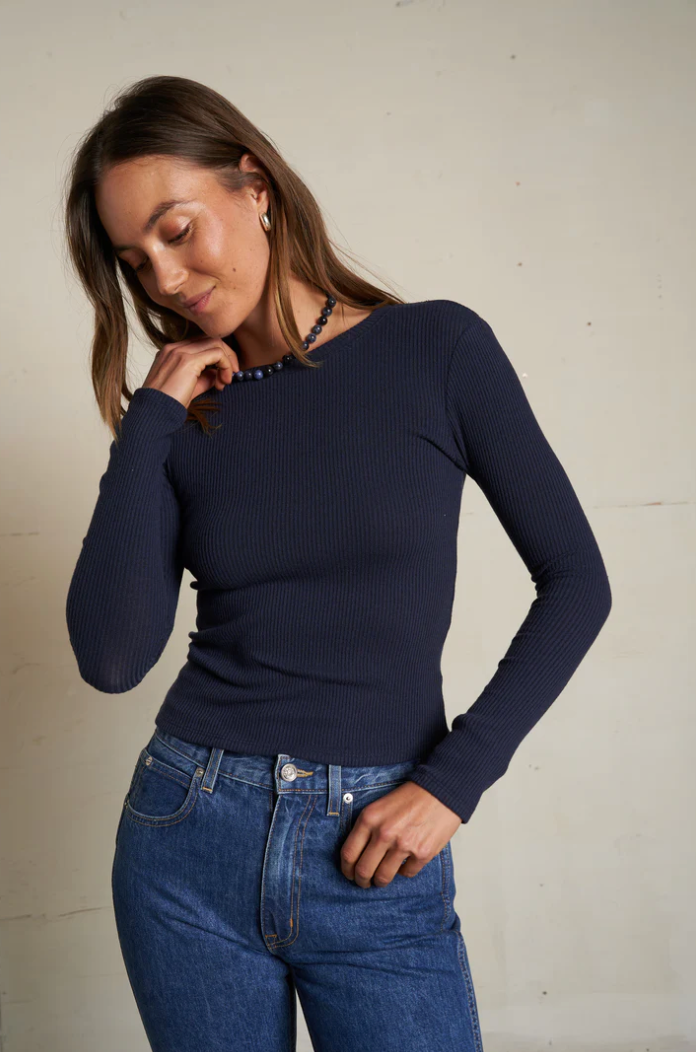 Jolie sweater rib crew neck long sleeve top - navy
