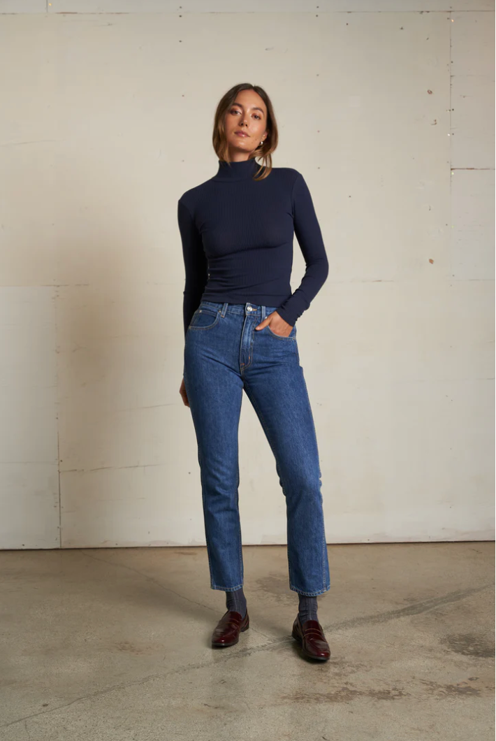 Noelle sweater rib turtleneck long sleeve top - navy