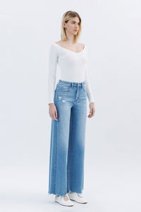 T6648 - High Rise Raw Hem Extreme Wide Jeans - well run