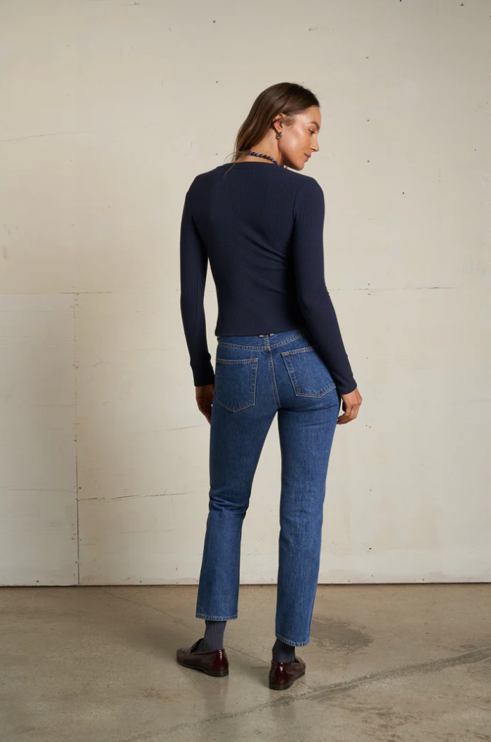 Jolie sweater rib crew neck long sleeve top - navy