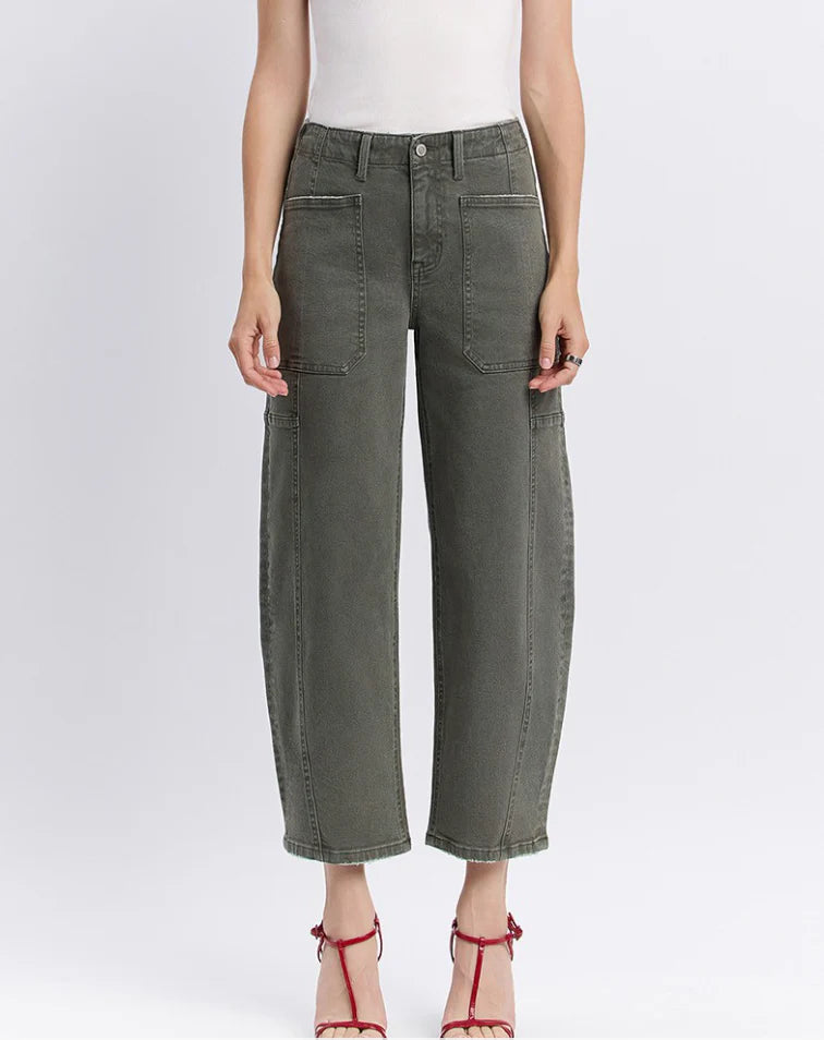 Super High Rise Elastic Waistband Barrel Jeans (F5831DPF) - deep forest