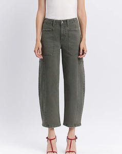Super High Rise Elastic Waistband Barrel Jeans (F5831DPF) - deep forest