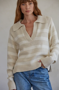 Striped knit v-neck collared sweater (W1306) - sand cream