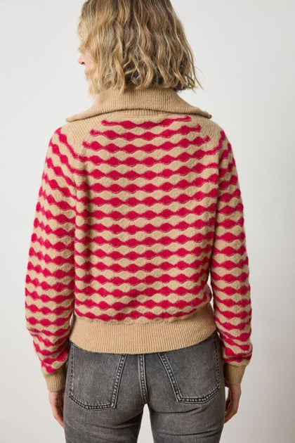 Mixed stitch half zip (PA3074) - birch / fuchsia stripe