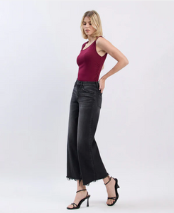 F5840 - Mid Rise Frayed Hem Ankle Wide Jeans - stylized