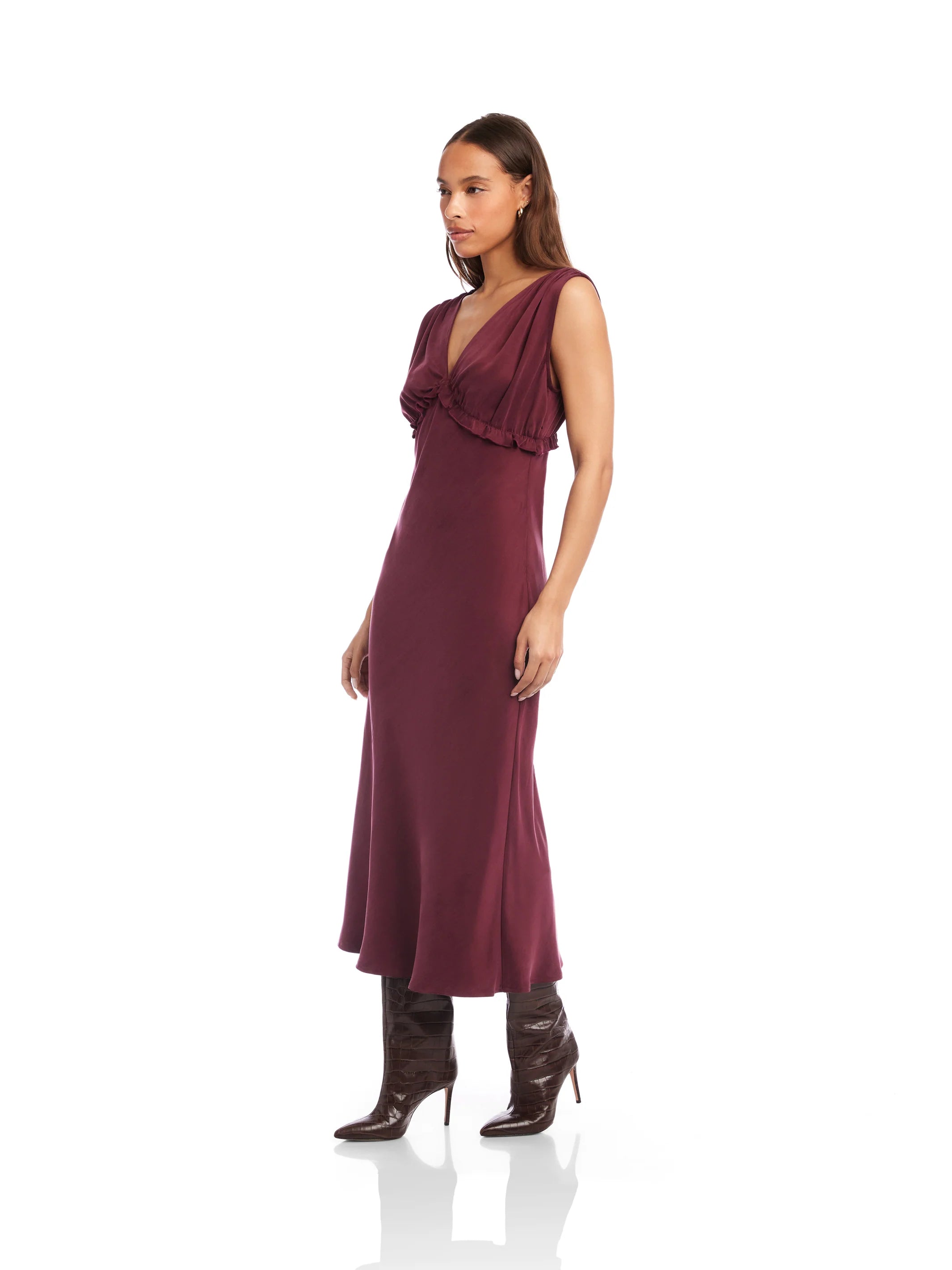 Cierra Ruffle Midi Dress - wine