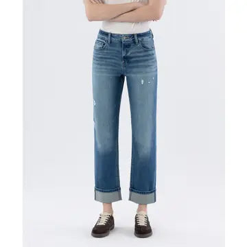 T6869 - Mid Rise Cuffed Straight Leg Jeans - sleek