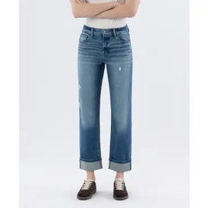 T6869 - Mid Rise Cuffed Straight Leg Jeans - sleek