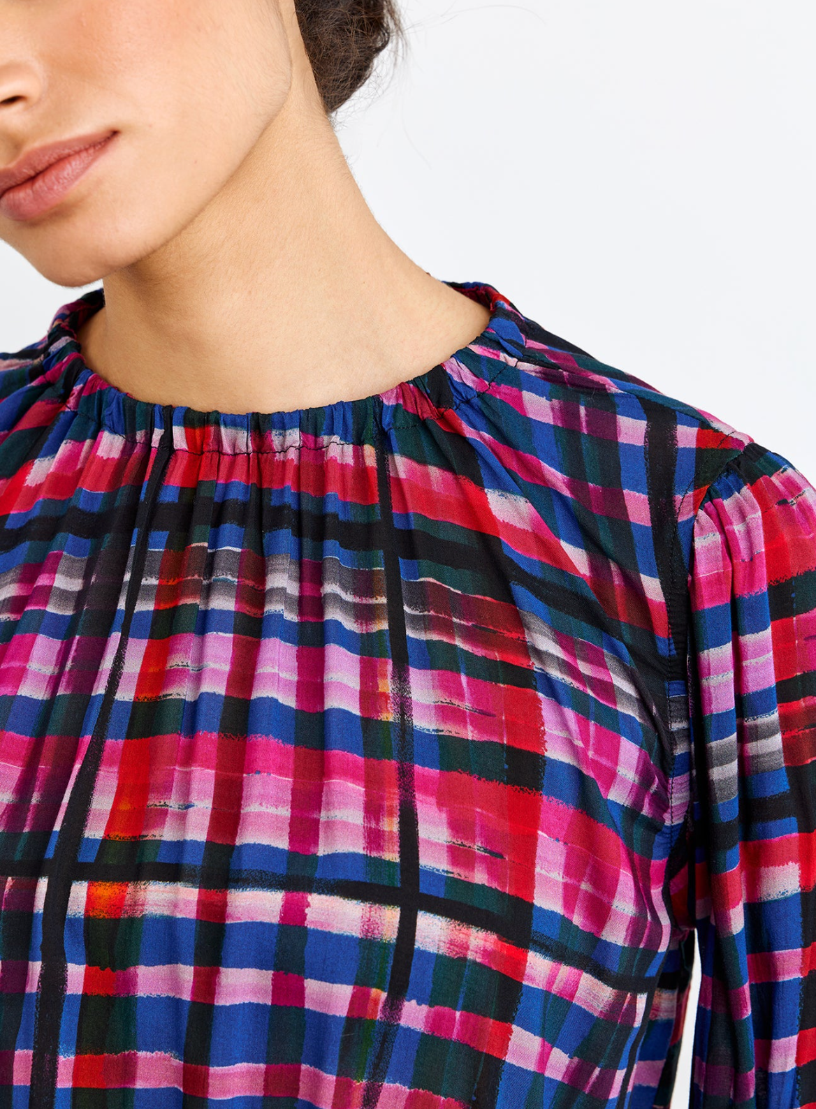 Elastic shirred top - winter plaid print
