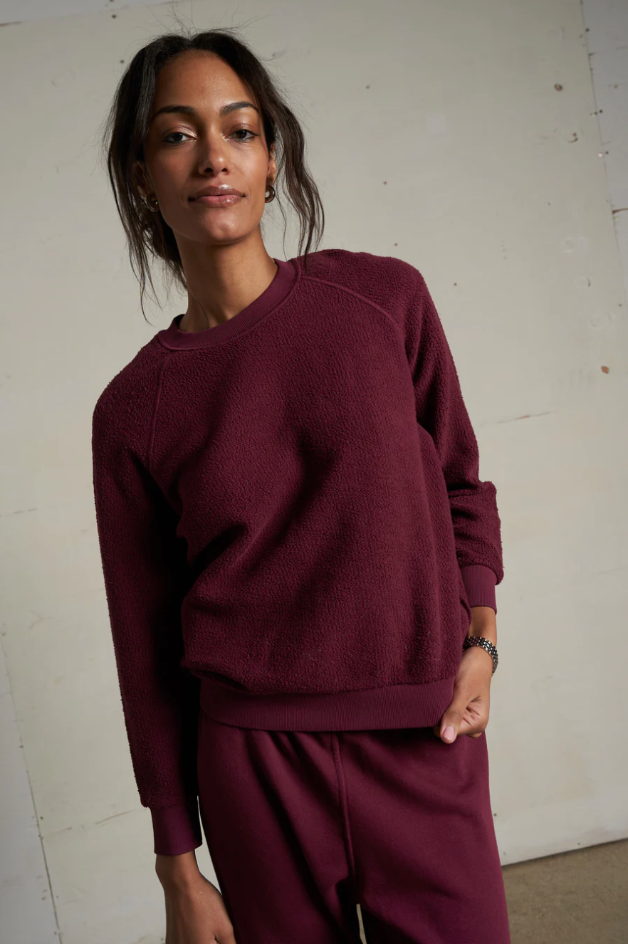 Ziggy inside out cotton fleece shrunken crew - dark burgundy