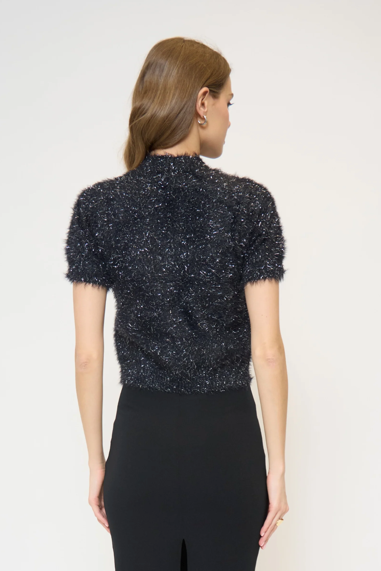 Colette eyelash lurex cap sleeve crew - black