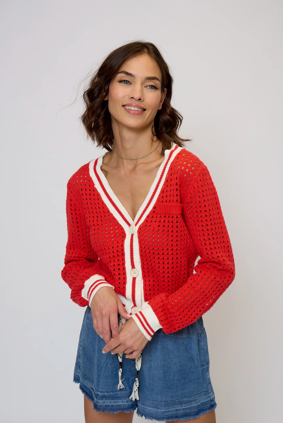 Junie varsity mesh stitch cardigan - red