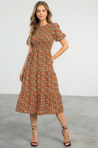 Smocked Floral Print Midi Dress - black