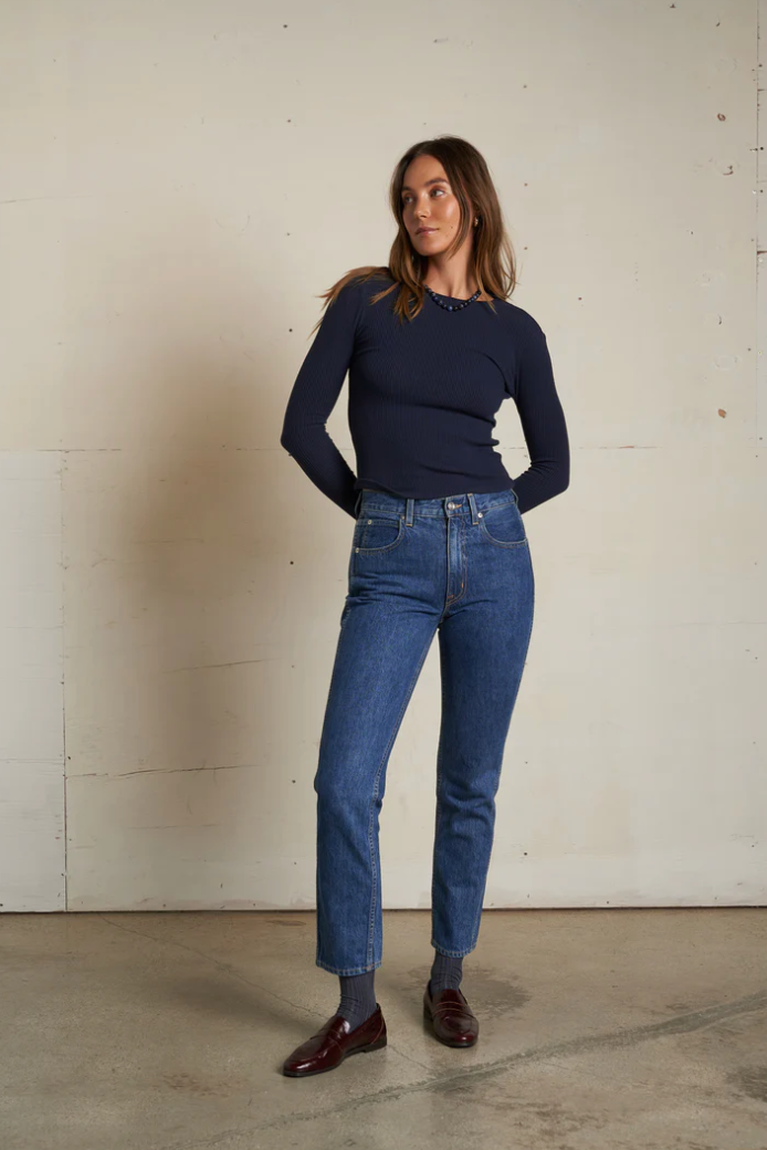 Jolie sweater rib crew neck long sleeve top - navy