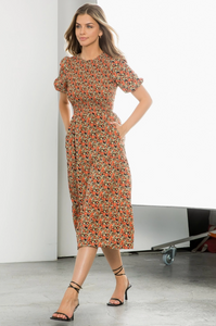 Smocked Floral Print Midi Dress - black