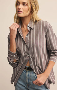 Seaport Striped Poplin Button Up - sandalwood