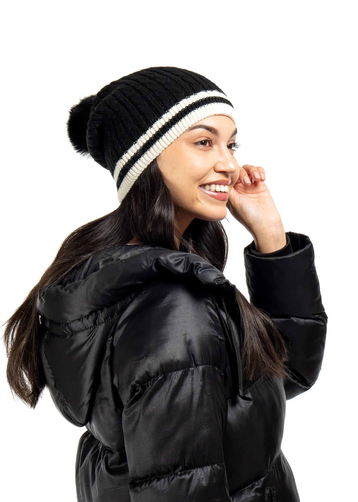 Cabin cable slouchy cable knit beanie - black / black + white stripe