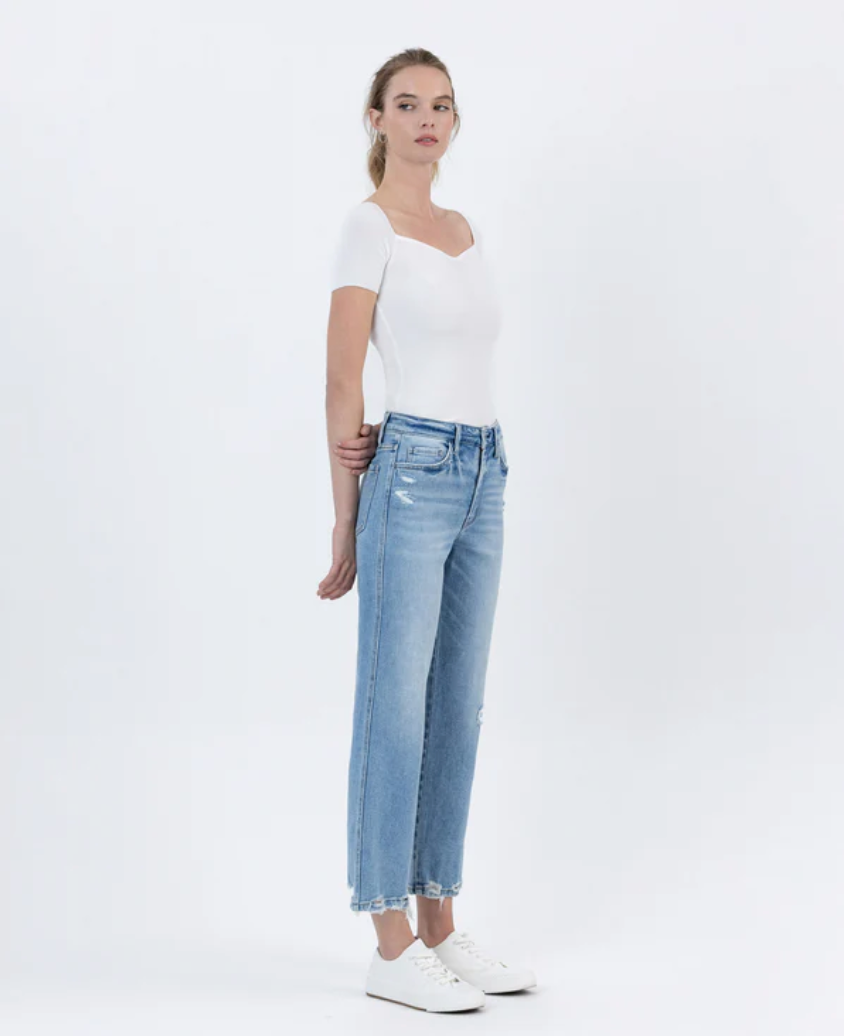Mid Rise Distressed Hem Crop Straight Jeans (F6039) - boatload