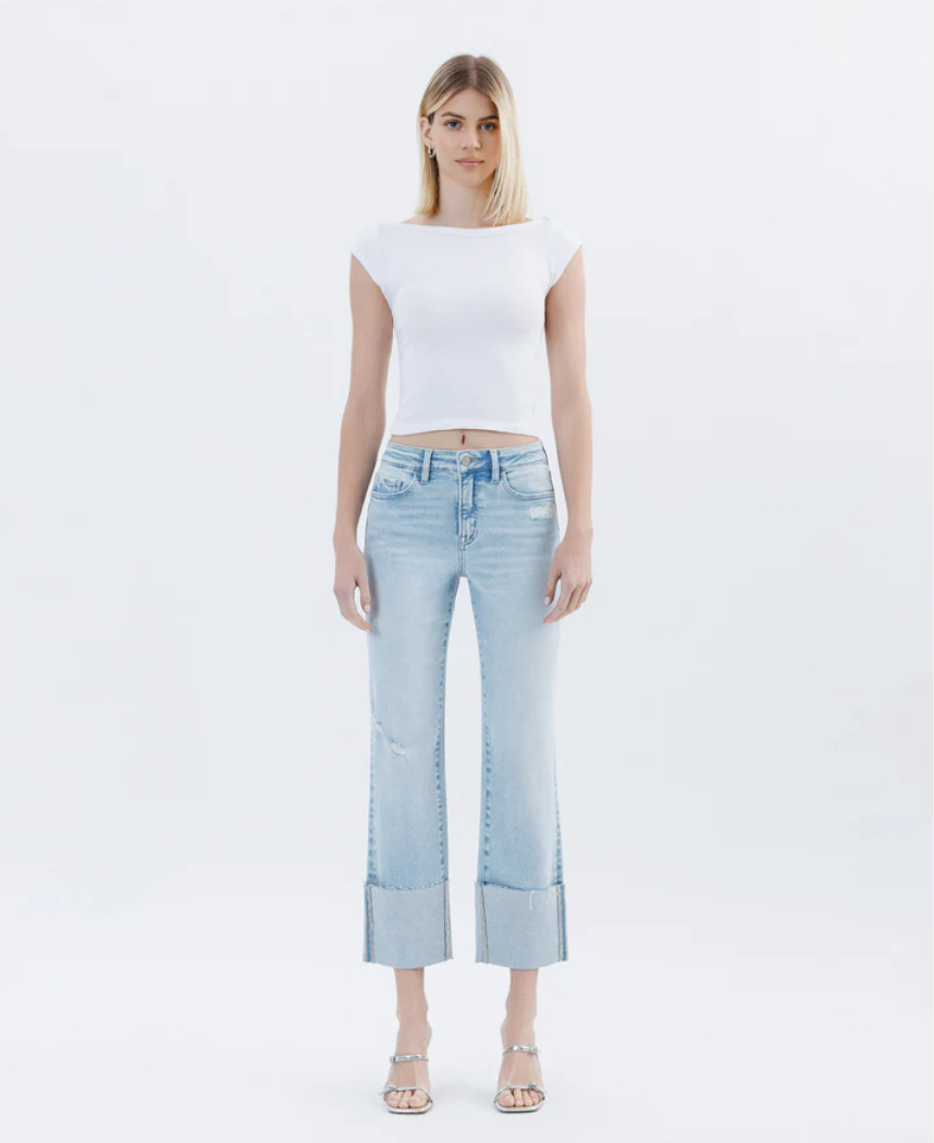 Mid Rise Cuffed Crop Straight Jeans (T6747LT) - wowed