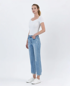Mid Rise Distressed Hem Crop Straight Jeans (F6039) - boatload