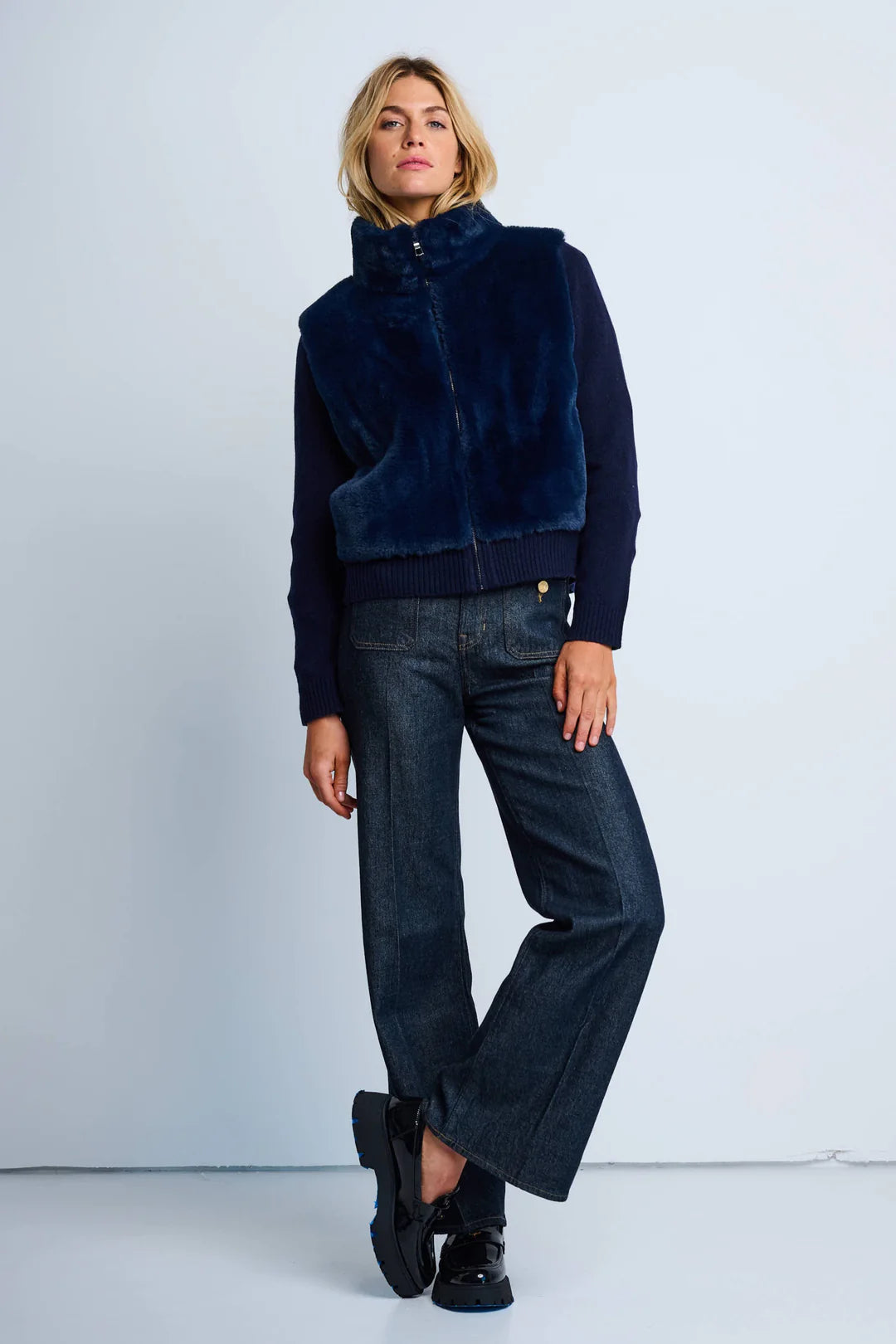 The Teddy faux fur knit jacket - navy