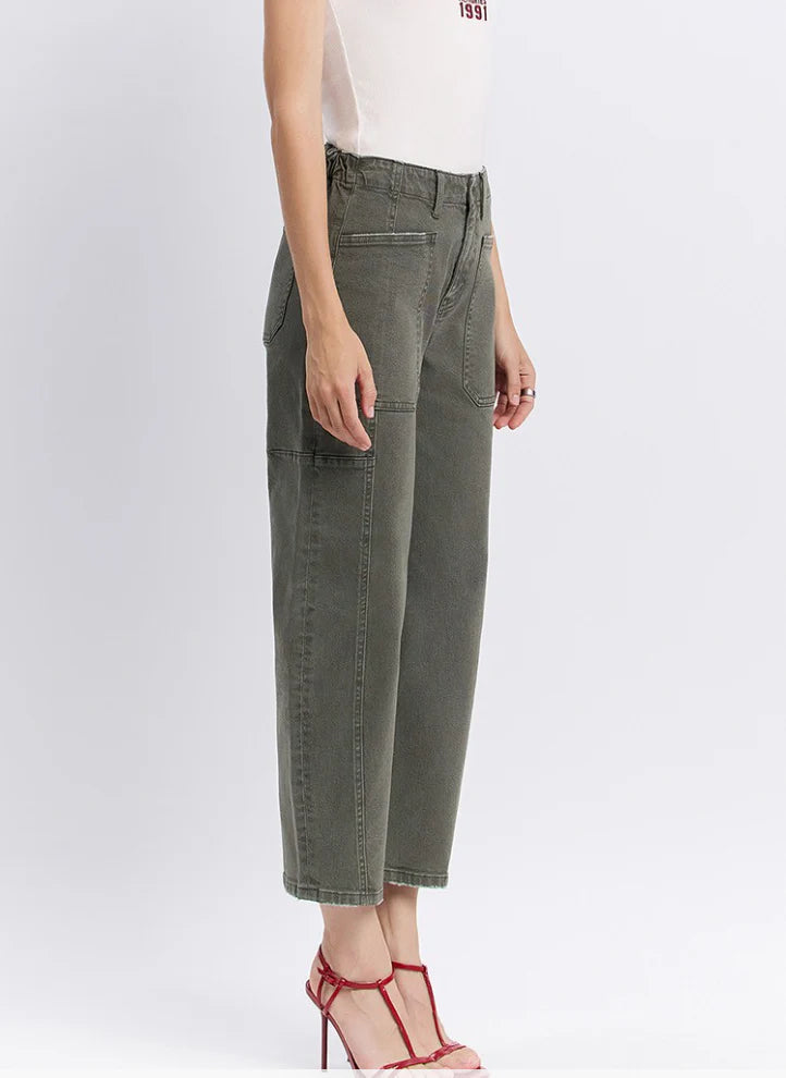 Super High Rise Elastic Waistband Barrel Jeans (F5831DPF) - deep forest
