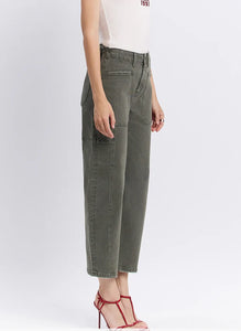 Super High Rise Elastic Waistband Barrel Jeans (F5831DPF) - deep forest