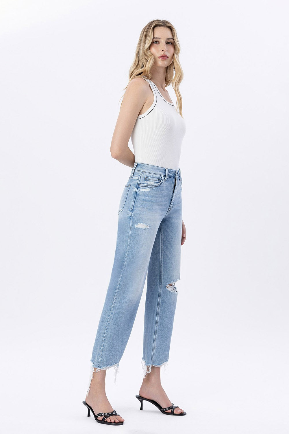 F6037 - Mid Rise Distressed Crop Slim Wide Jeans - ezra