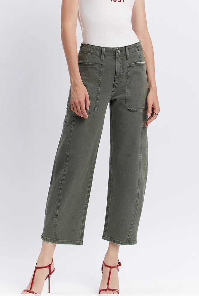 Super High Rise Elastic Waistband Barrel Jeans (F5831DPF) - deep forest