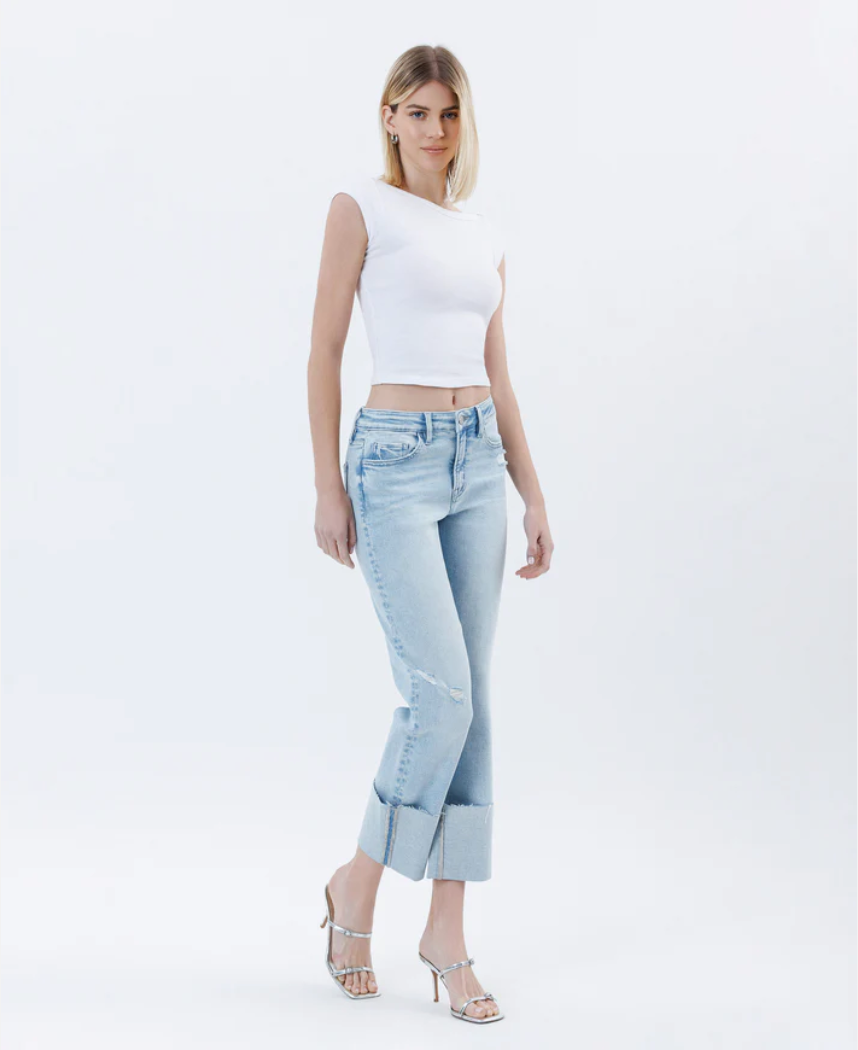 Mid Rise Cuffed Crop Straight Jeans (T6747LT) - wowed