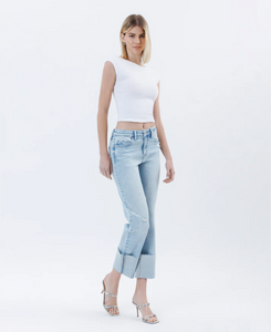 Mid Rise Cuffed Crop Straight Jeans (T6747LT) - wowed