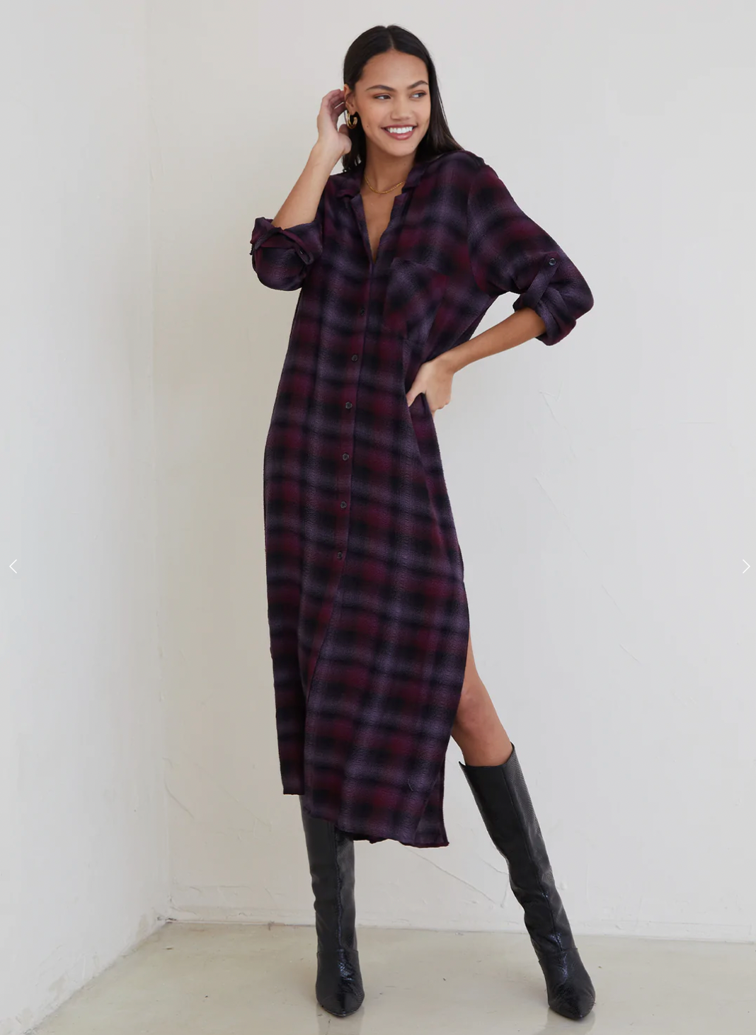 Mayfield rolled sleeve duster dress - boysenberry plaid