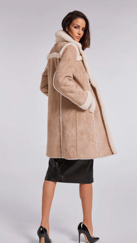 Scottie faux suede shearling coat - taupe / white