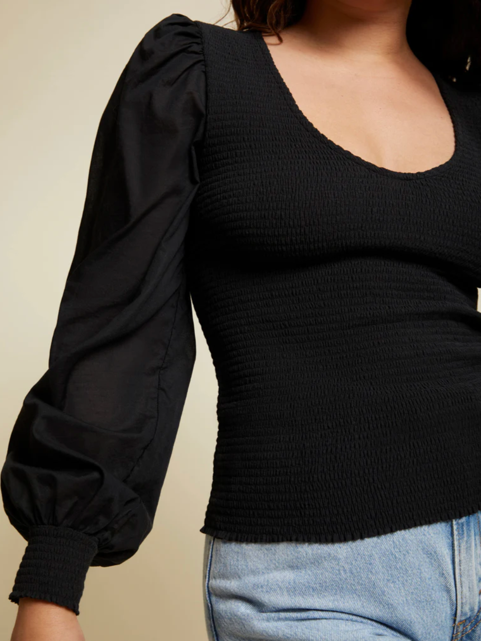 Della smocked combo tee - jet black