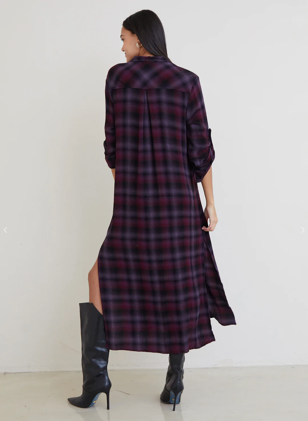 Mayfield rolled sleeve duster dress - boysenberry plaid